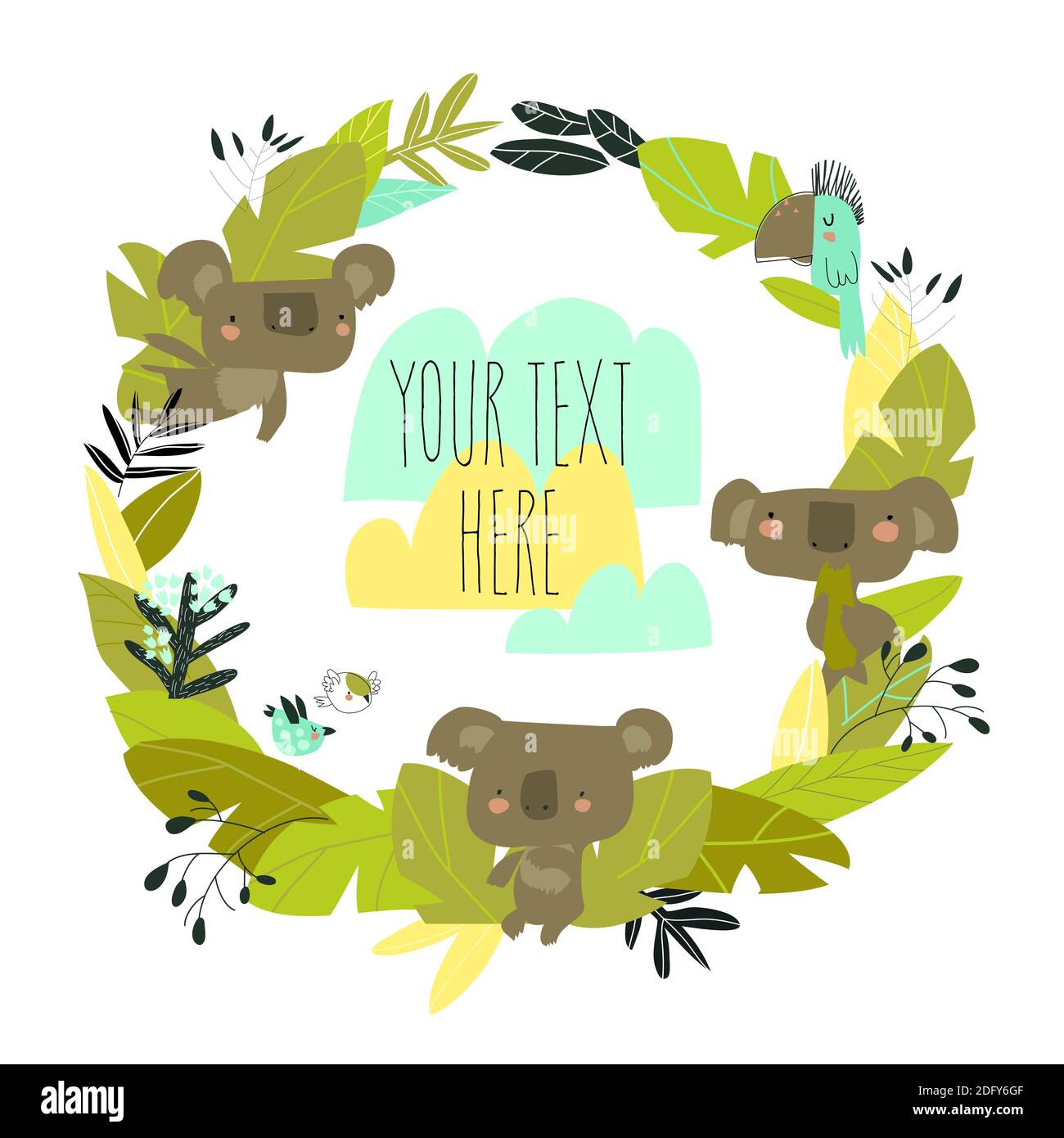 Couronne de dessin animé avec koalas et plantes sur fond blanc Illustration de Vecteur