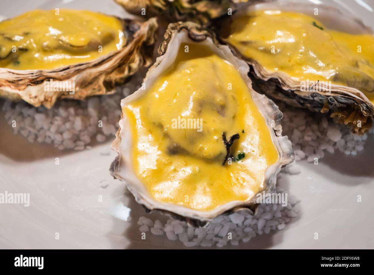 Les huîtres Rockefeller rôdu en deux doivent être sur une assiette blanche, un plat typique de la cuisine de la Nouvelle-Orléans Banque D'Images