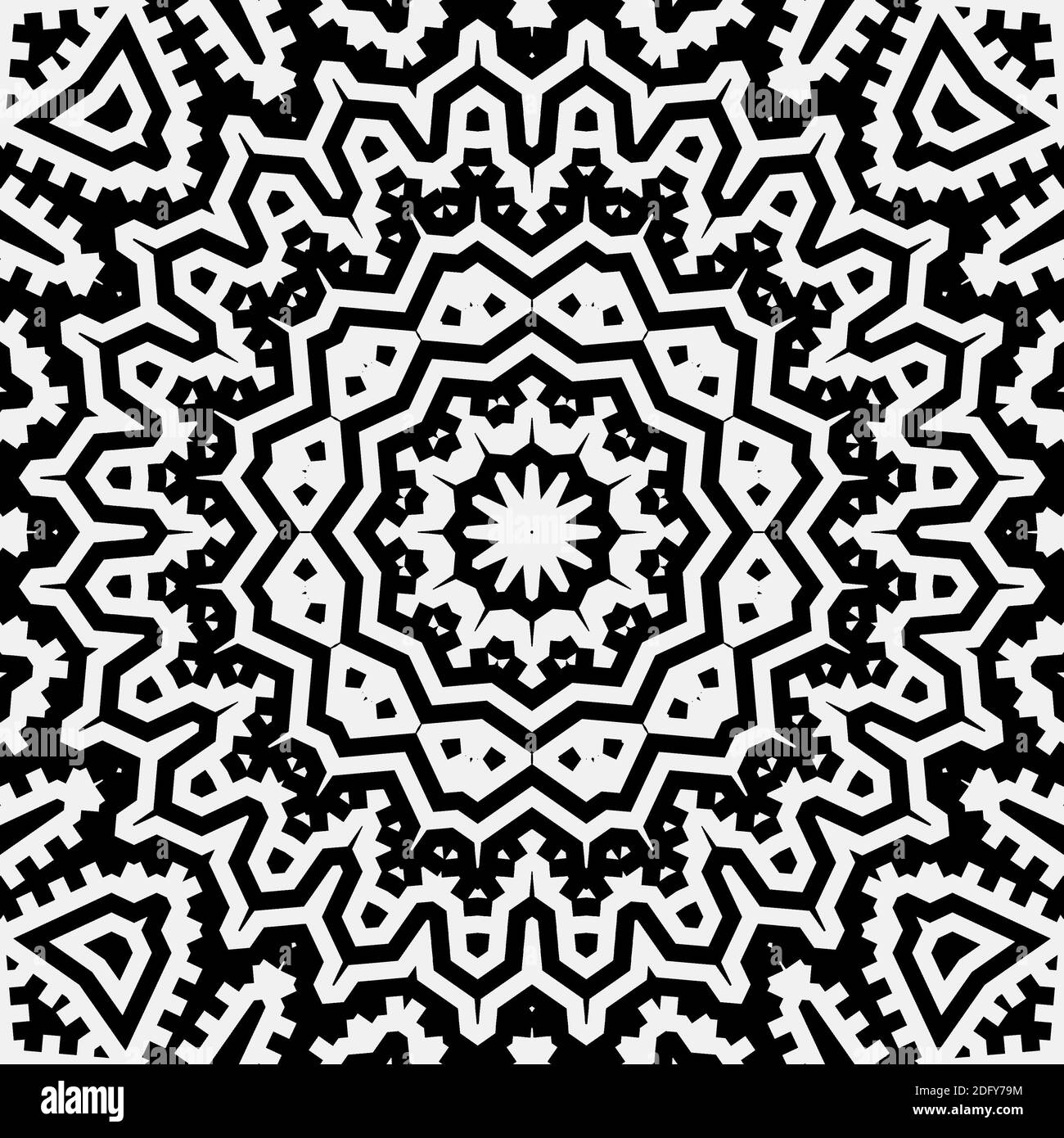 Magnifique kaléidoscope symétrique mandala illustration en noir et blanc. Banque D'Images