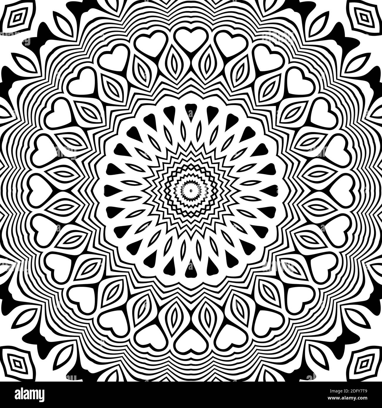 Mandala noir et blanc avec des éléments sur fond blanc. Banque D'Images