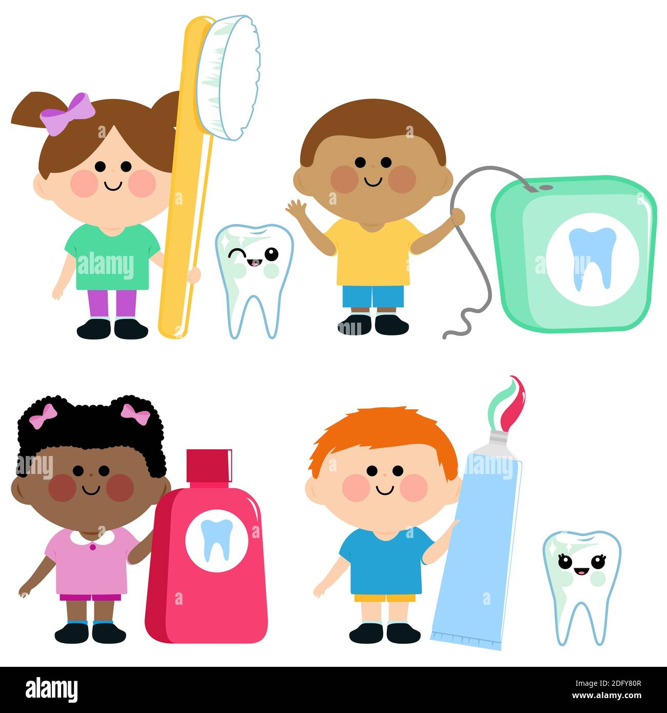 Ensemble d'enfants utilisant des objets d'hygiène dentaire. Brosse à dents, dentifrice, fil dentaire et bain de bouche. Les enfants chez le dentiste qui se brossent les dents. Banque D'Images