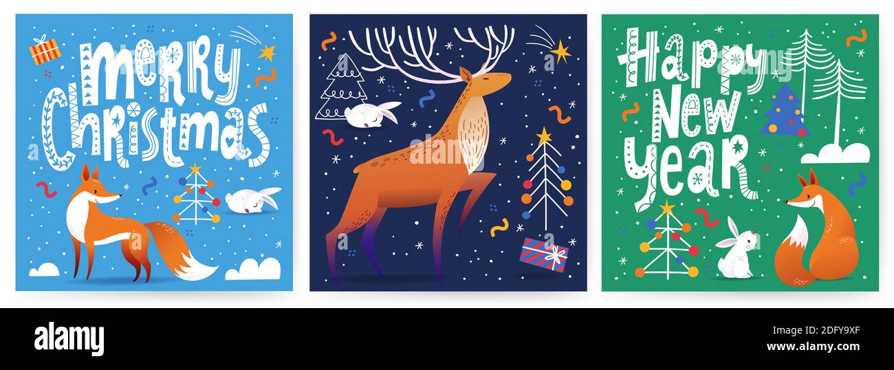 Lot de trois cartes de Noël Joyeuses de style scandinave nordique dessinées à la main avec des animaux mignons. Illustration de Vecteur