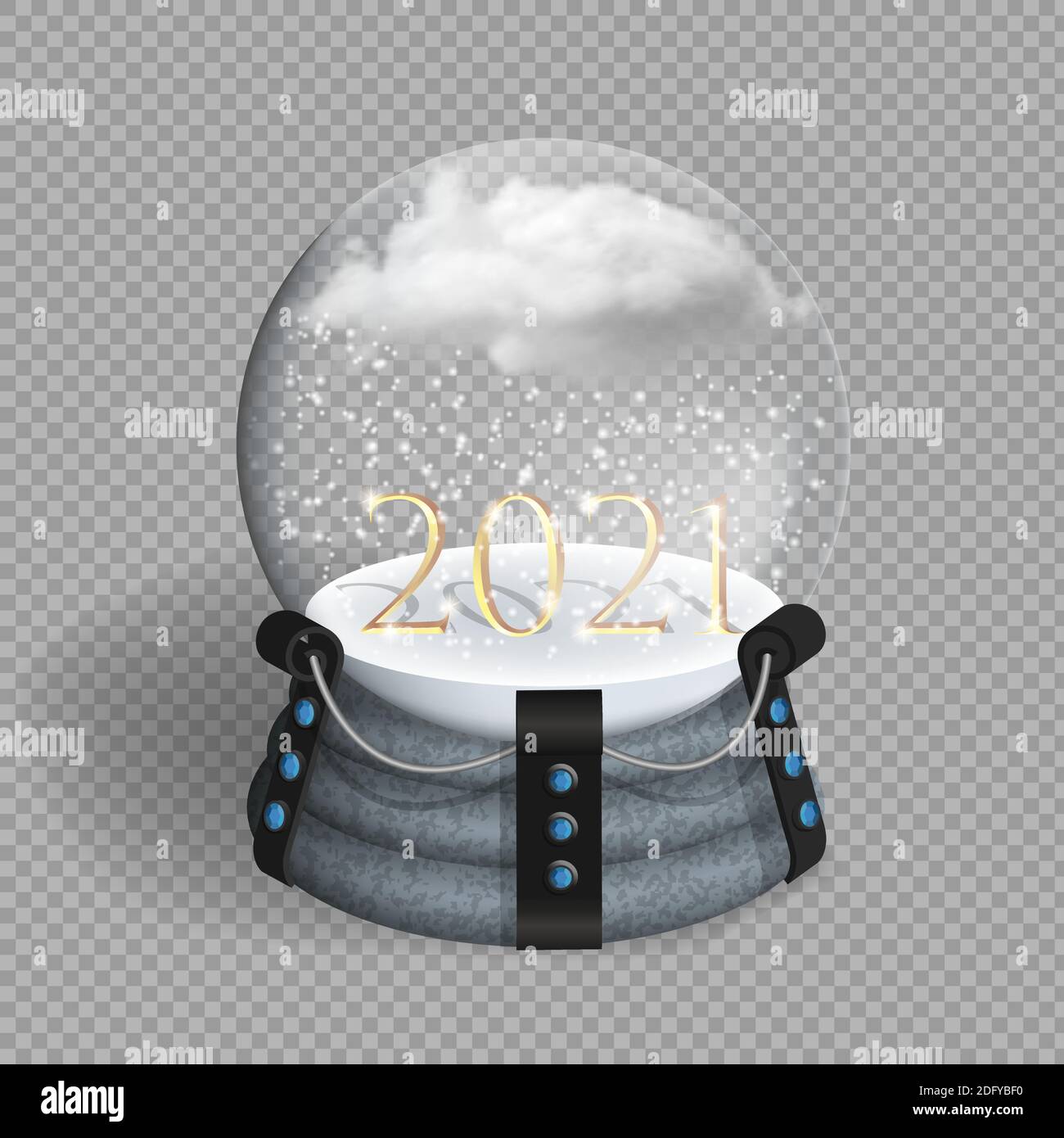 Bonne année 2021. Illustration vectorielle des nombres dorés de 2021 et boule de neige réaliste. Élément décoratif pour l'hiver. Sphère froide gelée. Un nouveau ye festif Illustration de Vecteur