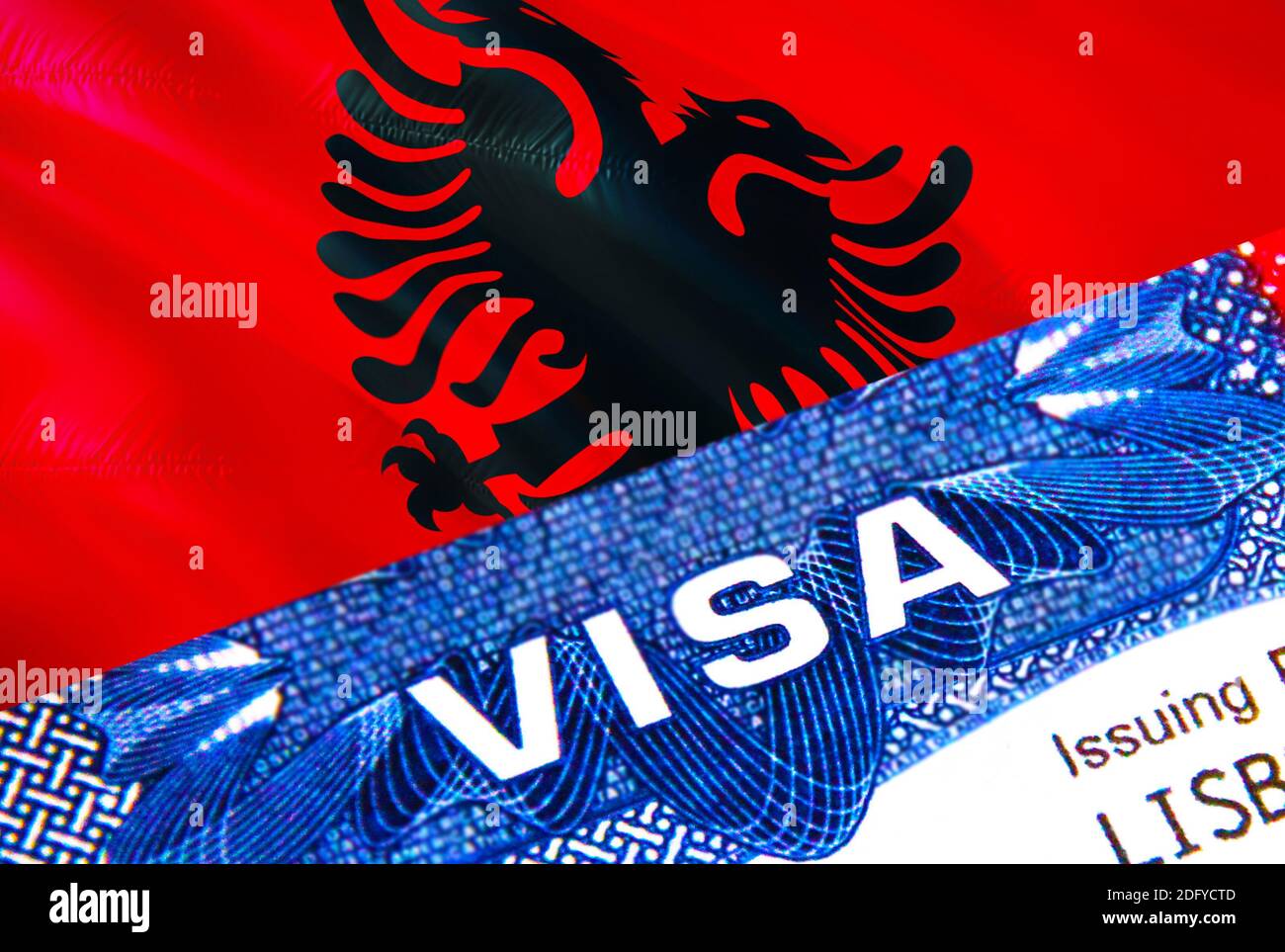 Texte VISA sur l'Albanie visa timbre dans passeport. Passeport voyager à  l'étranger concept. Voyage en Albanie concept - foyer sélectif, rendu 3D.  Immigration Photo Stock - Alamy