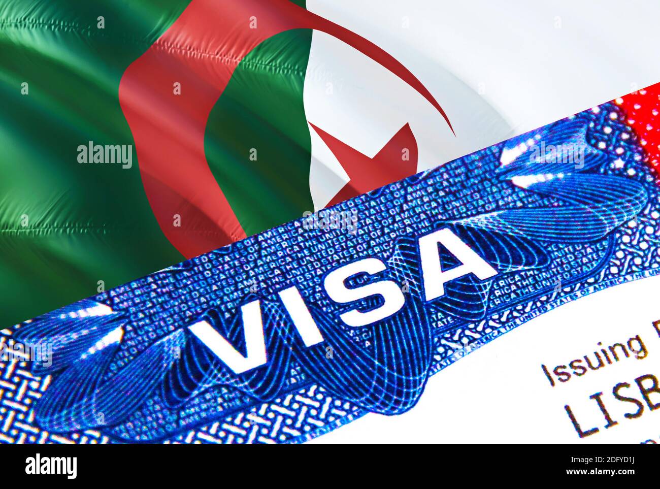 Algérie Visa en passeport. USA immigration Visa pour l'Algérie citoyens se  concentrant sur le mot VISA. Voyage Algérie visa en identification  nationale gros-up,3D Photo Stock - Alamy
