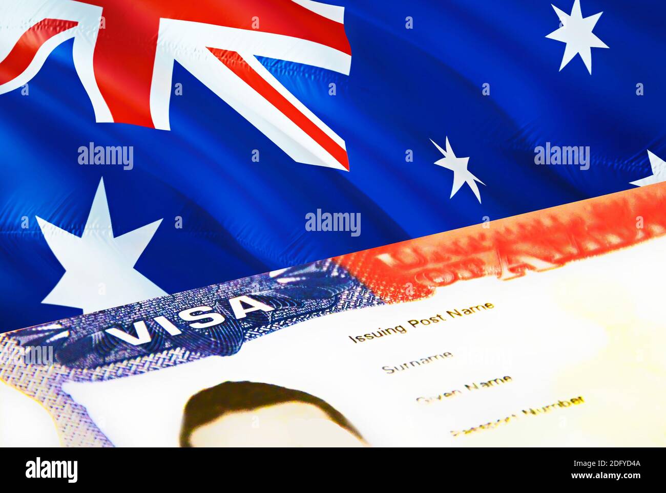 Australie document d'immigration gros plan. Passeport visa sur le drapeau  de l'Australie. Australie visa de visiteur en passeport, rendu 3D. Australie  entrée multiple vi Photo Stock - Alamy