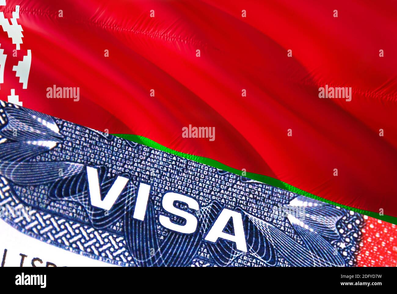 Document de visa pour la Biélorussie, avec drapeau de la Biélorussie en  arrière-plan. Drapeau biélorusse avec texte de gros plan VISA sur les  États-Unis visa timbre dans le passeport, rendu 3D.passeport Visa