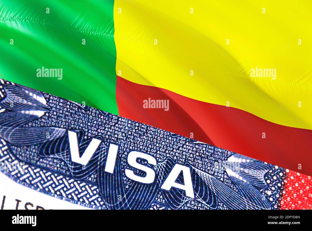 Document de visa du Bénin, avec drapeau du Bénin en arrière-plan. Drapeau  du Bénin avec texte de gros plan VISA sur les États-Unis visa timbre dans  le passeport, rendu 3D.Visa passeport timbre
