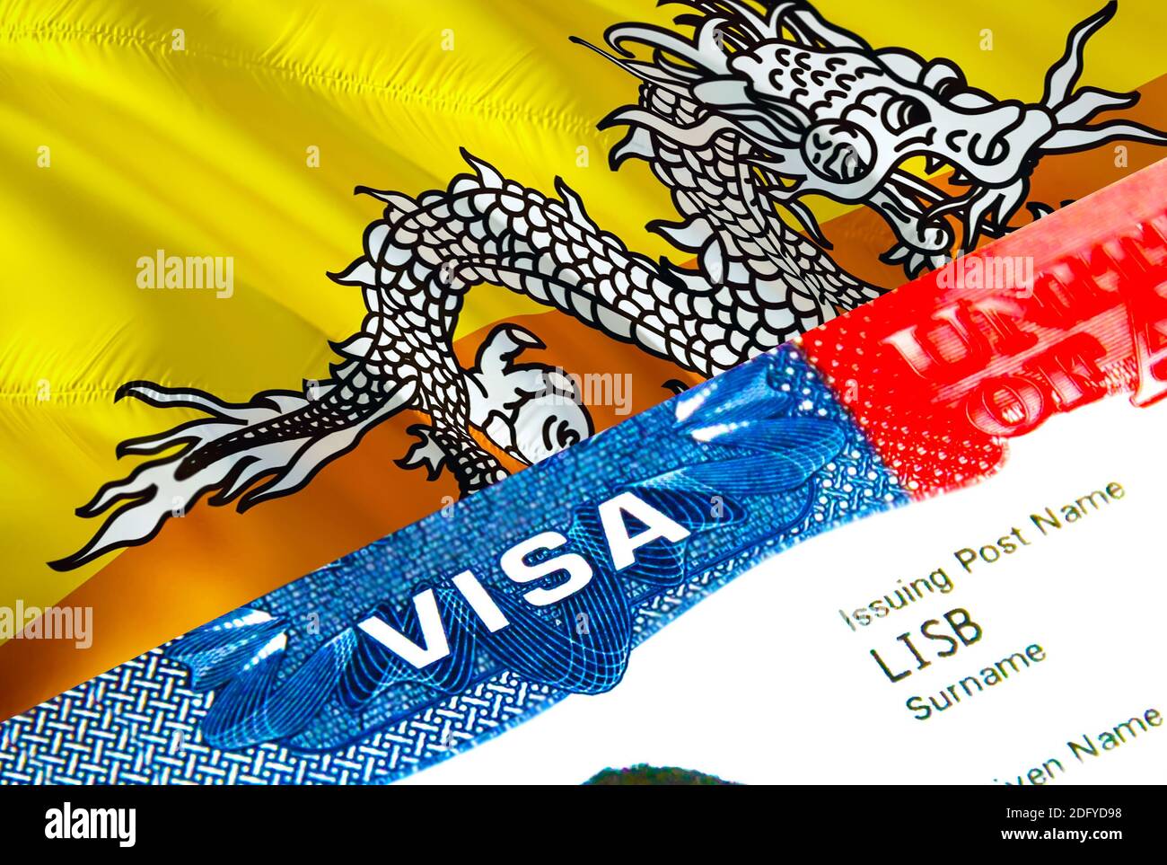 Bhoutan visa d'immigration. Gros plan Visa au Bhoutan se concentrant sur le  mot VISA, rendu 3D. Voyage ou migration vers le Bhoutan destination concept  avec visa en pa Photo Stock - Alamy