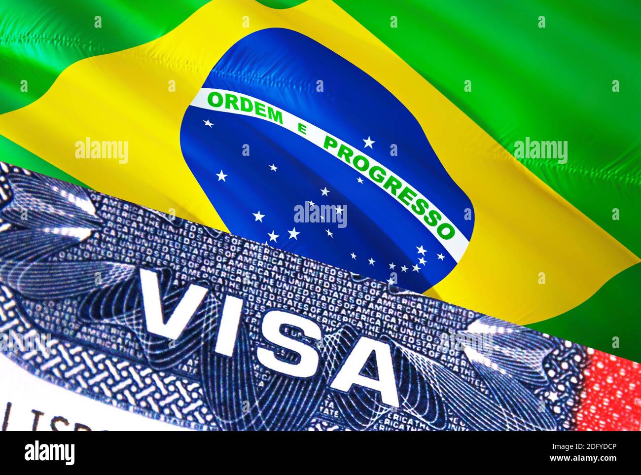 Document de visa pour le Brésil, avec drapeau brésilien en arrière-plan.  Drapeau du Brésil avec texte de gros plan VISA sur les États-Unis visa  timbre dans le passeport, rendu 3D.Visa passeport sta