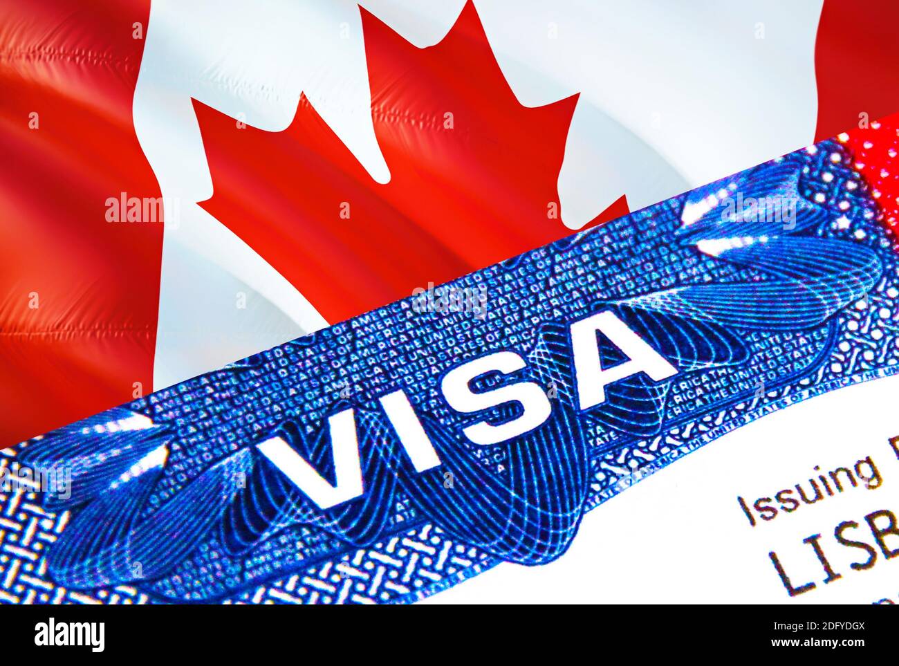 Visa Canada en passeport. Visa d'immigration des États-Unis pour les  citoyens du Canada se concentrant sur le mot VISA. Visa de voyage Canada en  gros plan d'identification nationale, 3D ren Photo Stock -