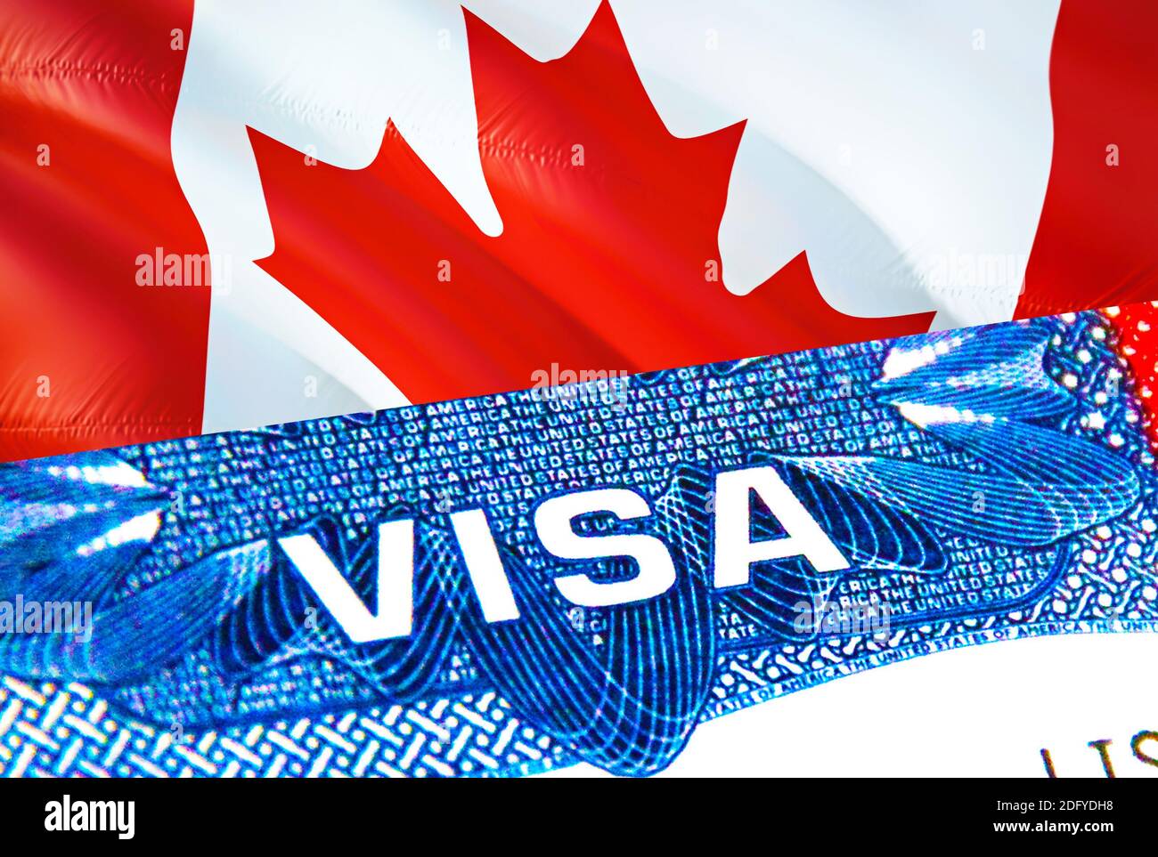 Visa Canada. Voyage au Canada en mettant l'accent sur le mot VISA, le rendu  3D. Le Canada immigre concept avec visa en passeport. Entrée touristique du  Canada dans le passeport Photo Stock -