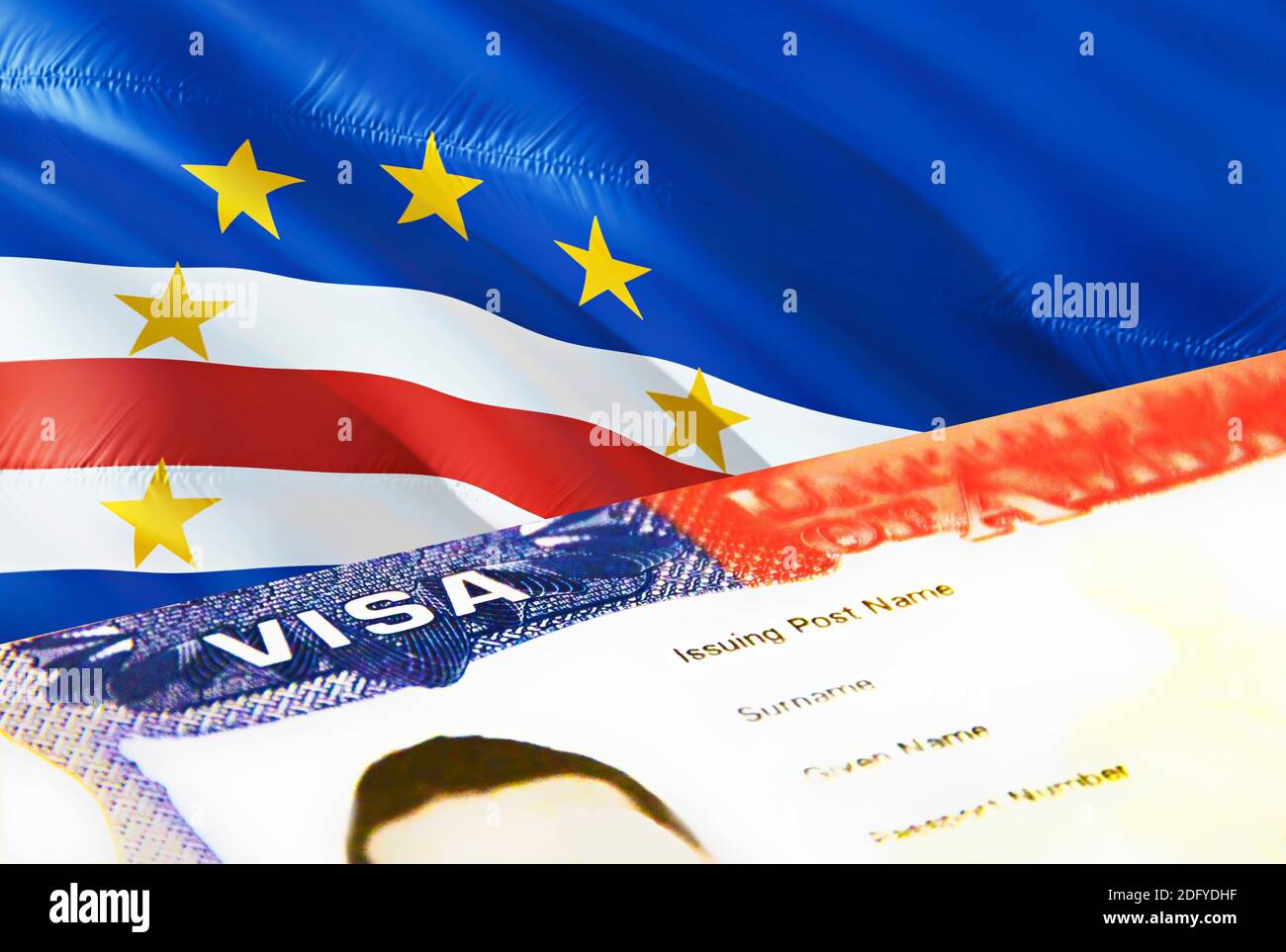 Cap-Vert document d'immigration gros plan. Passeport visa sur le drapeau du  Cap-Vert. Cap-Vert visa de visiteur en passeport, rendu 3D. Cap-Vert  multi-entrée Photo Stock - Alamy