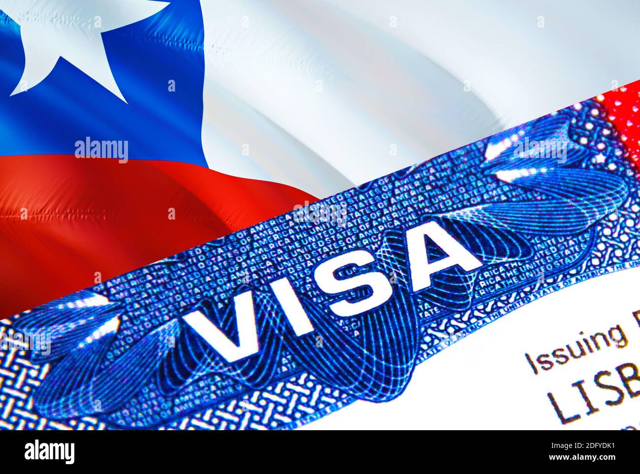 Chili Visa en passeport. Visa d'immigration des États-Unis pour les  citoyens du Chili se concentrant sur le mot VISA. Voyage Chile visa en  identification nationale gros plan, 3D rendu Photo Stock -
