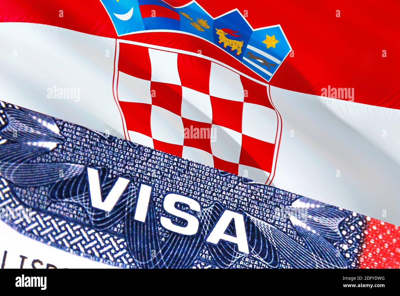 Document de visa de Croatie, avec drapeau de Croatie en arrière-plan.  Drapeau de Croatie avec texte de gros plan VISA sur les États-Unis visa  timbre dans le passeport, rendu 3D.Visa passeport Photo