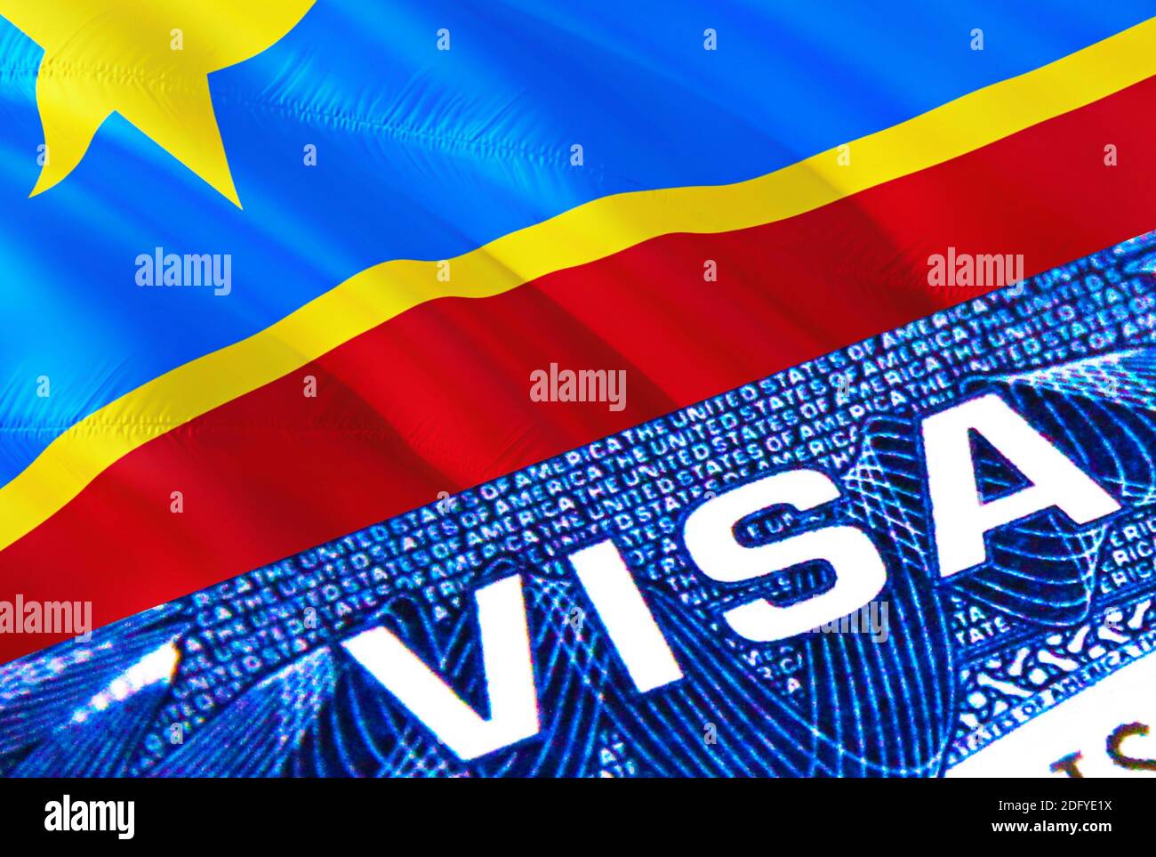 Document de visa RD Congo gros plan. Passeport visa sur le drapeau de la RD  Congo. Dr Congo visa de visiteur dans passeport, rendu 3D. Dr Congo entrée  multiple dans passeport Photo