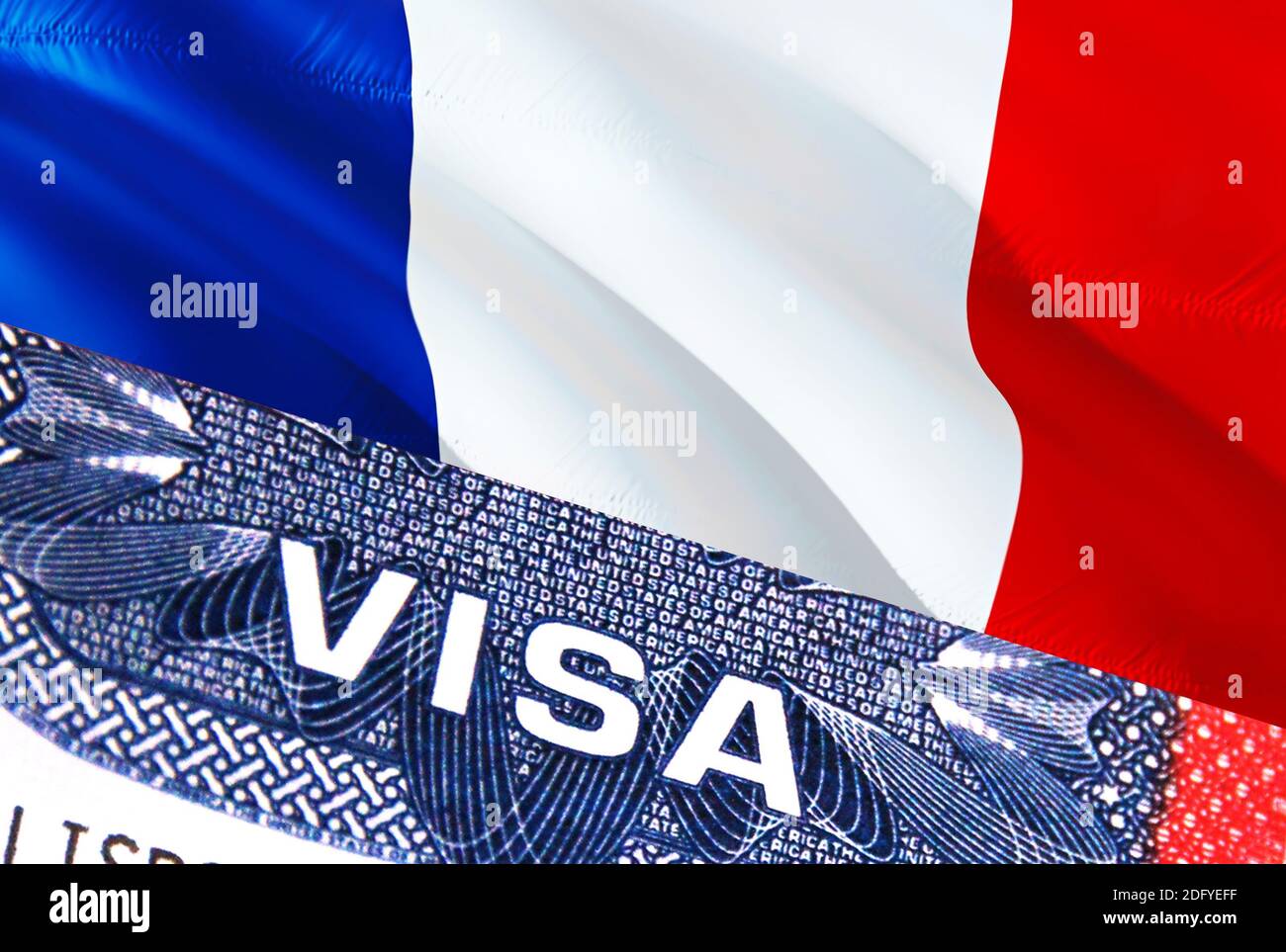 Document Visa de France, avec drapeau de France en arrière-plan. Drapeau de  France avec texte de gros plan VISA sur les États-Unis visa timbre dans le  passeport, rendu 3D.Visa passeport sta Photo