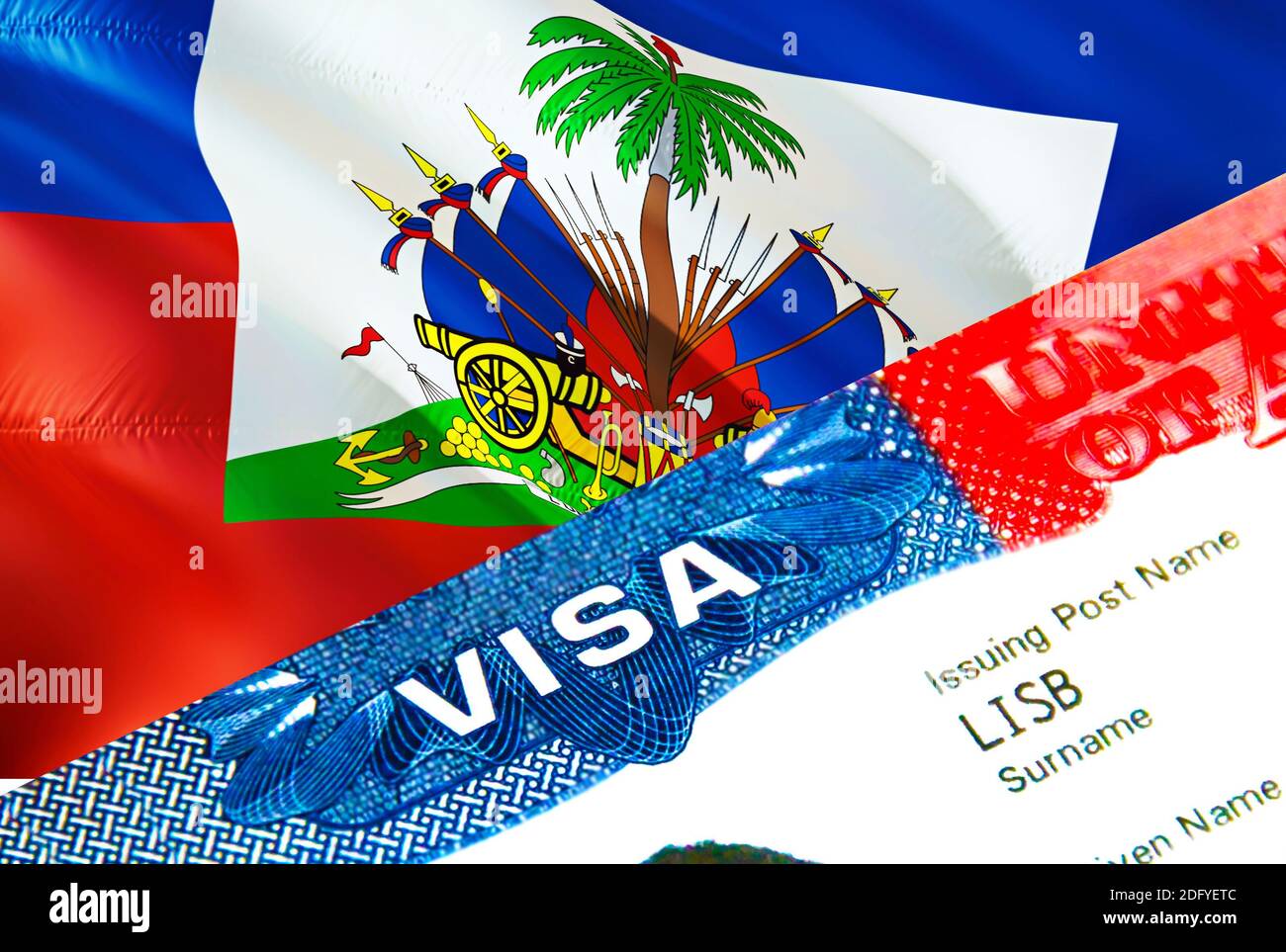 Haïti visa d'immigration. Gros plan Visa à Haïti mettant l'accent sur le  mot VISA, rendu 3D. Voyage ou migration vers Haïti concept de destination  avec visa en passp Photo Stock - Alamy