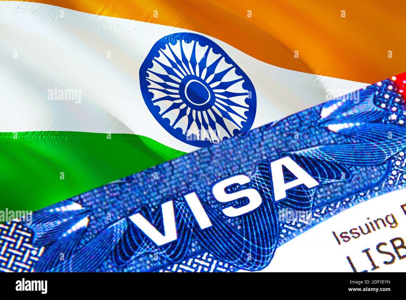Timbre de visa de l'Inde en passeport avec texte VISA. Concept de passeport  voyageant à l'étranger. Travel to India concept - mise au point sélective,  rendu 3D. Immigration an Photo Stock -