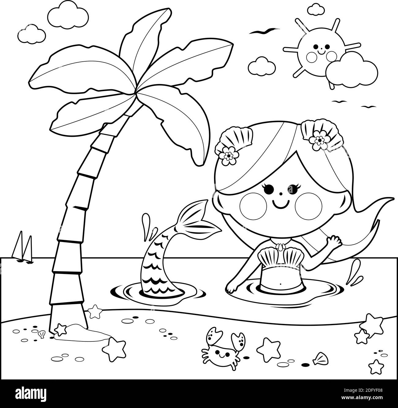 Belle sirène nageant dans l'eau. Page de couleur noire et blanche vectorielle Illustration de Vecteur