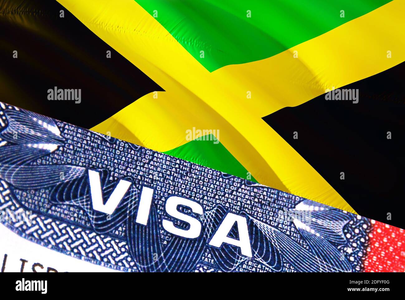 Document de visa de la Jamaïque, avec drapeau de la Jamaïque en  arrière-plan. Drapeau de la Jamaïque avec texte de gros plan VISA sur les  États-Unis visa timbre dans le passeport, rendu