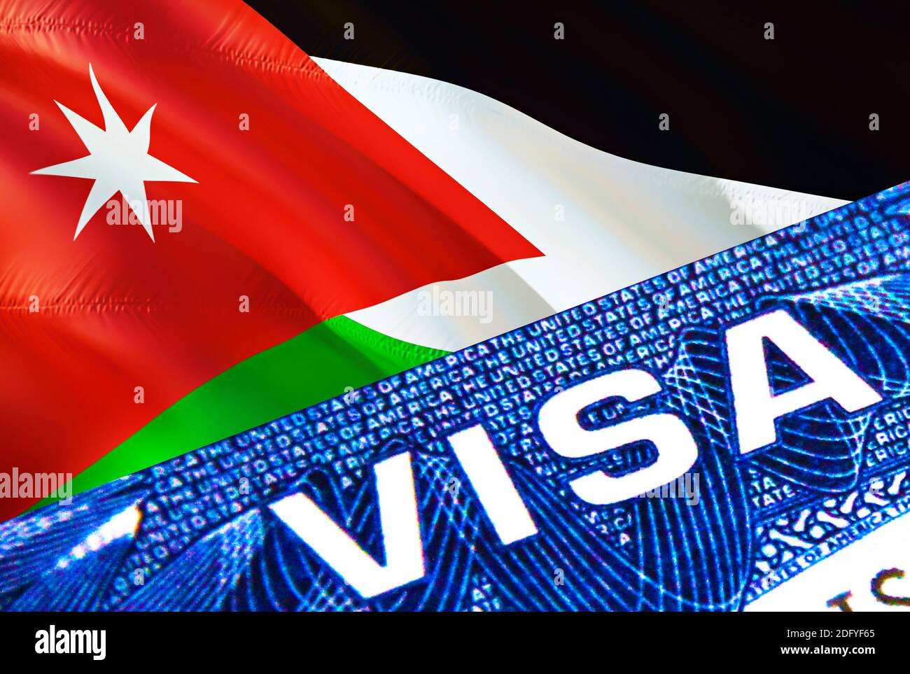 Document de visa Jordan gros plan. Passeport visa sur le drapeau de