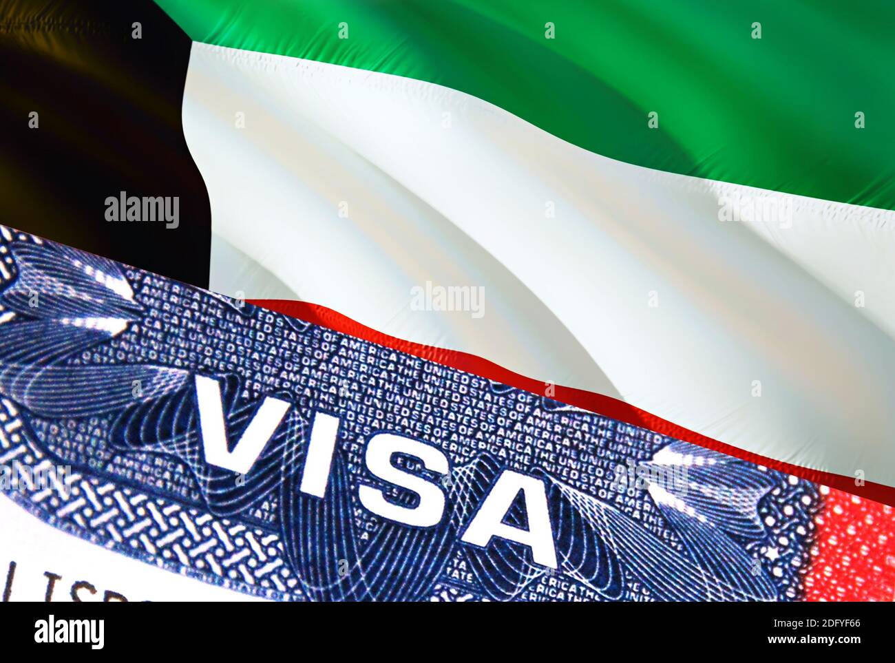 Document de visa du Koweït, avec drapeau du Koweït en arrière-plan. Drapeau  du Koweït avec texte en gros Visa sur les États-Unis visa timbre dans le  passeport, rendu 3D.Visa passeport sta Photo