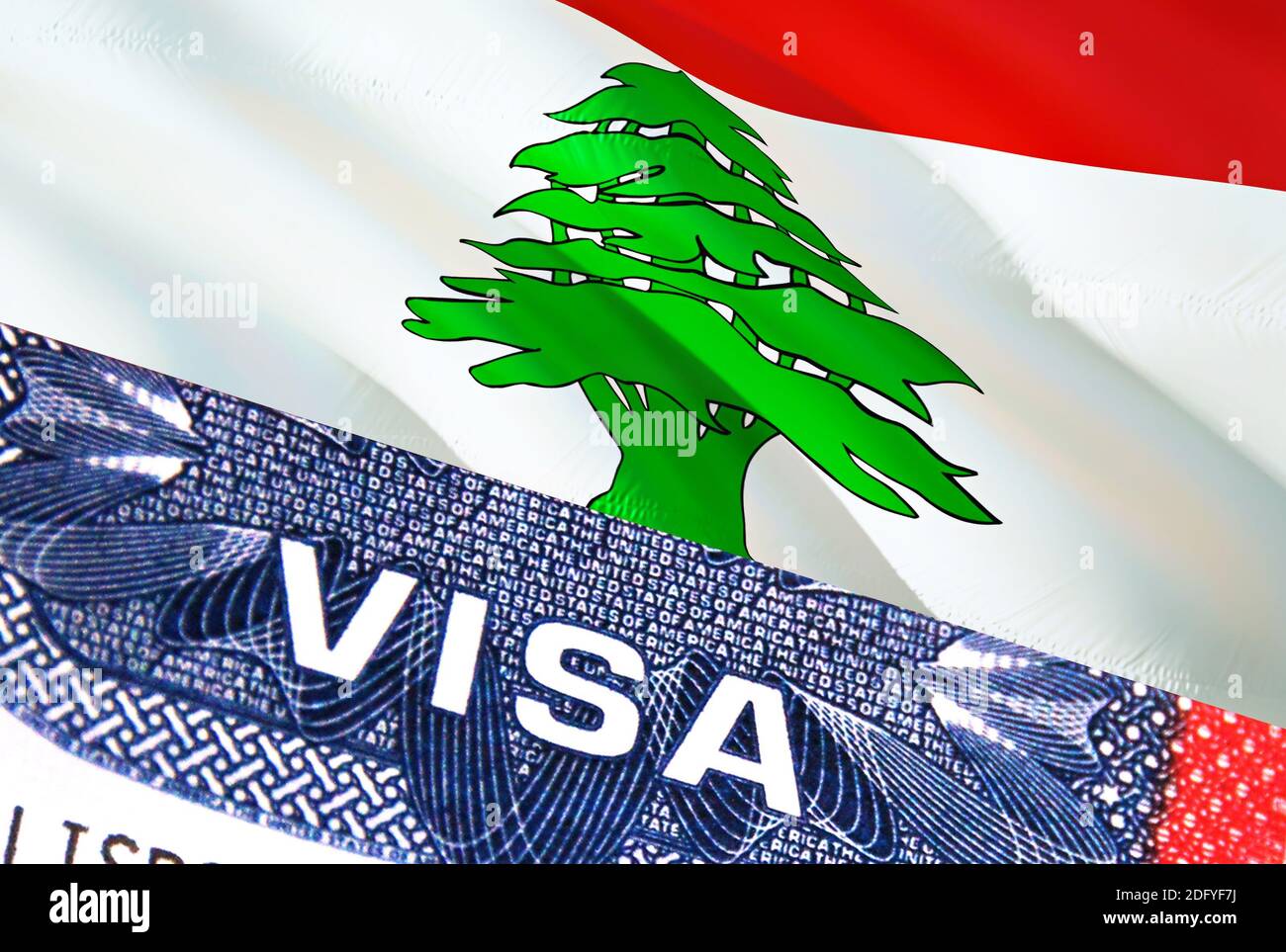 Document de visa pour le Liban, avec drapeau libanais en arrière-plan.  Drapeau du Liban avec texte de gros plan VISA sur les États-Unis visa  timbre dans le passeport, rendu 3D.passeport Visa Photo