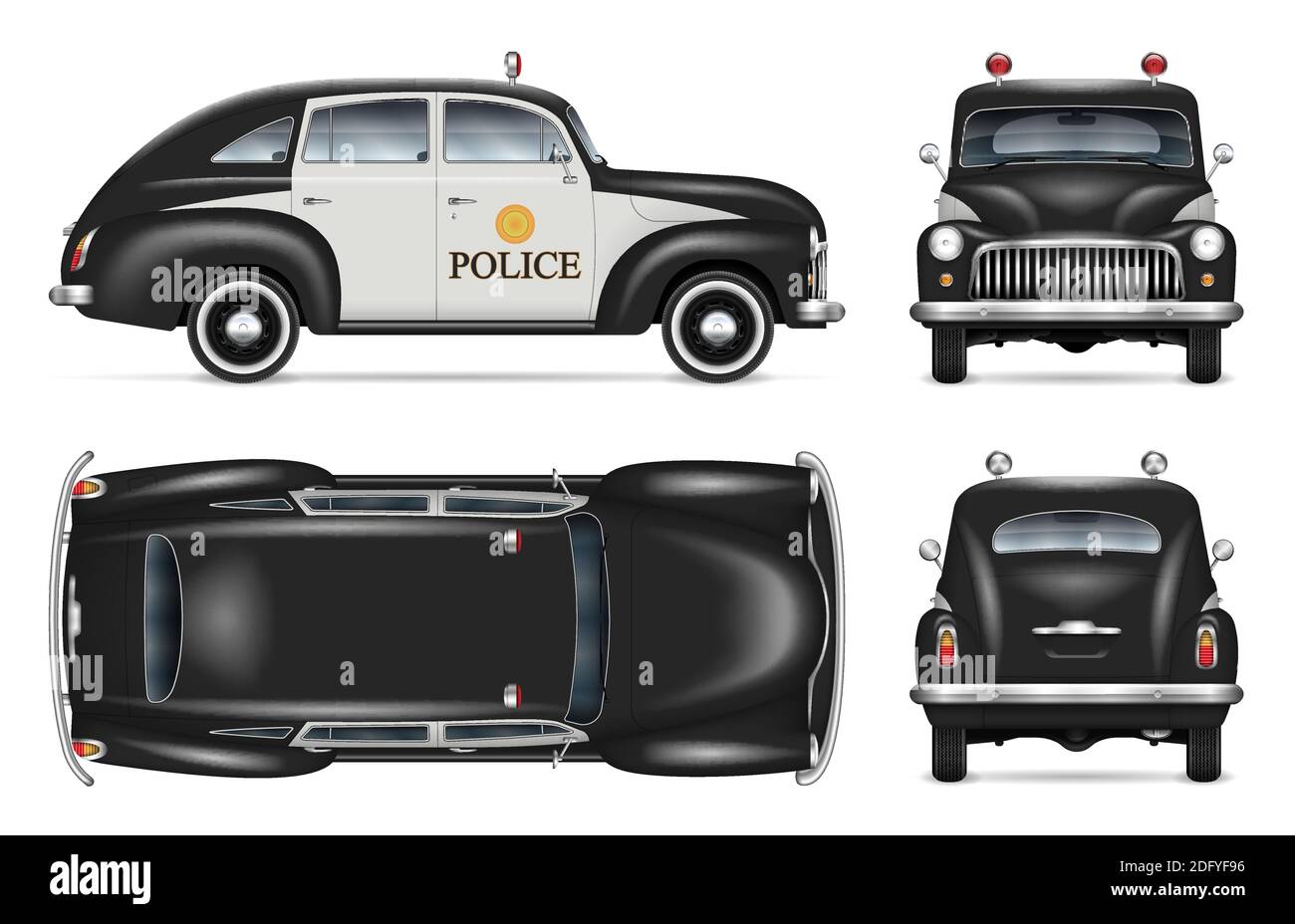 Maquette de véhicule de police vintage sur fond blanc, vue latérale, avant, arrière, haut. Tous les éléments des groupes sur des calques distincts pour faciliter l'édition Illustration de Vecteur