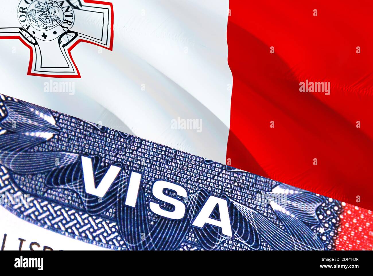 Malte Visa document, avec le drapeau de Malte en arrière-plan. Drapeau de  Malte avec texte de gros plan VISA sur les États-Unis visa timbre dans le  passeport, rendu 3D.Visa passeport timbre Photo