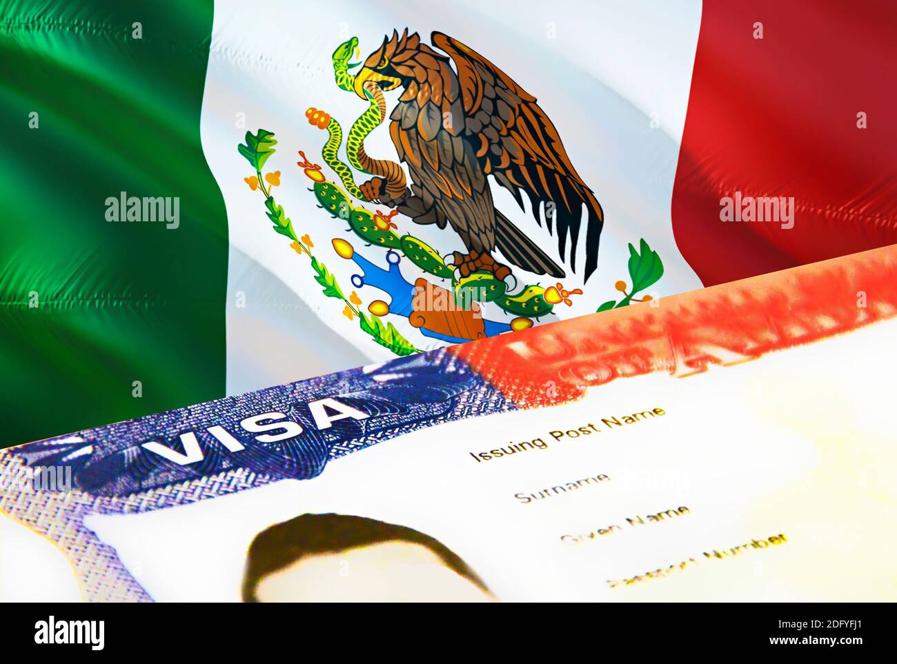 Gros plan sur le document d'immigration du Mexique. Passeport visa sur le drapeau du Mexique. Mexique visa de visiteur dans passeport, rendu 3D. Mexique visa multi-entrée à paspo Banque D'Images