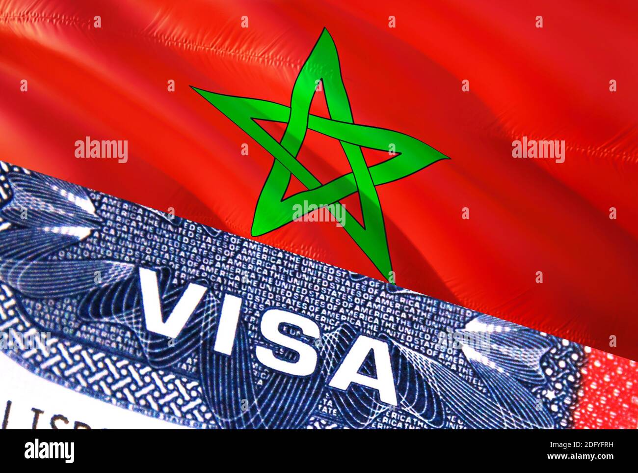 Maroc Visa document, avec le drapeau marocain en arrière-plan. Drapeau  marocain avec texte de gros plan VISA sur les États-Unis visa timbre dans  le passeport, rendu 3D.Visa passeport Photo Stock - Alamy