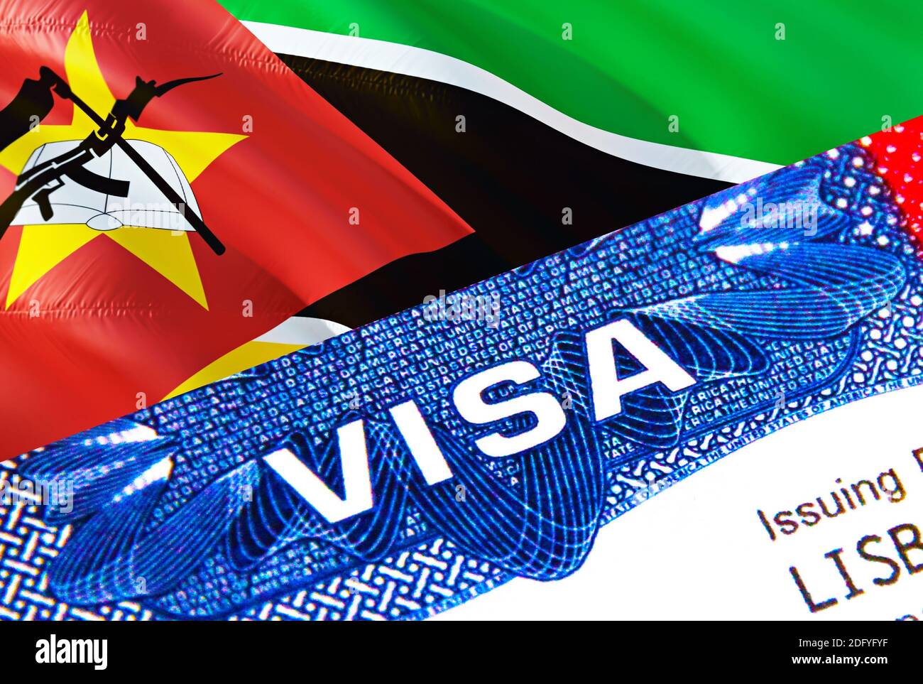 Mozambique Visa en passeport. Visa d'immigration des États-Unis pour le  Mozambique les citoyens se concentrant sur le mot VISA. Voyage Mozambique  visa dans identification nationale clo Photo Stock - Alamy