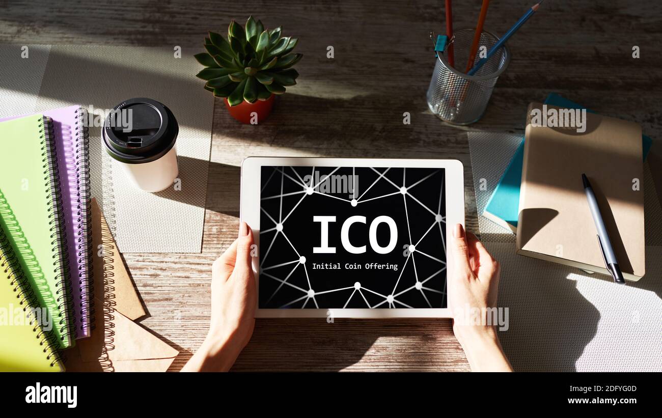 ICO - offre de pièces initiale. Concept de Blockchain et de technologie financière Banque D'Images