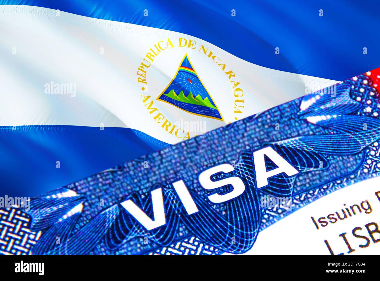 Timbre de visa du Nicaragua en passeport avec texte DE VISA. Concept de  passeport voyageant à l'étranger. Concept Voyage au Nicaragua - mise au  point sélective, rendu 3D. Immigr Photo Stock -