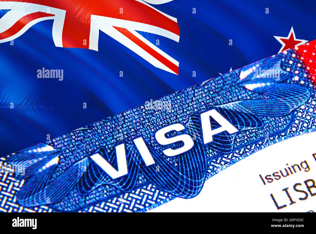 Visa de Nouvelle-Zélande en passeport. Visa d'immigration des États-Unis  pour les citoyens néo-zélandais se concentrant sur le mot VISA. Voyager visa  de Nouvelle-Zélande en identification nationale Photo Stock - Alamy