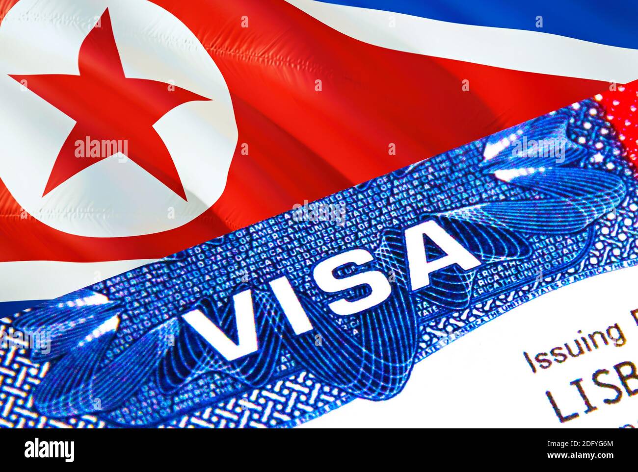 Corée du Nord Visa en passeport. Visa d'immigration des États-Unis pour les  citoyens de la Corée du Nord se concentrant sur le mot VISA. Voyager en  Corée du Nord visa dans l'identification