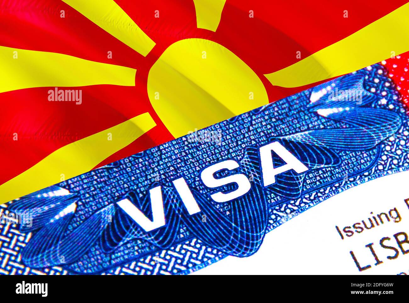 Macédoine du Nord Visa en passeport. Visa d'immigration des États-Unis pour  les citoyens de la Macédoine du Nord se concentrant sur le mot VISA. Voyage  Nord Macédoine visa dans IDE national Photo