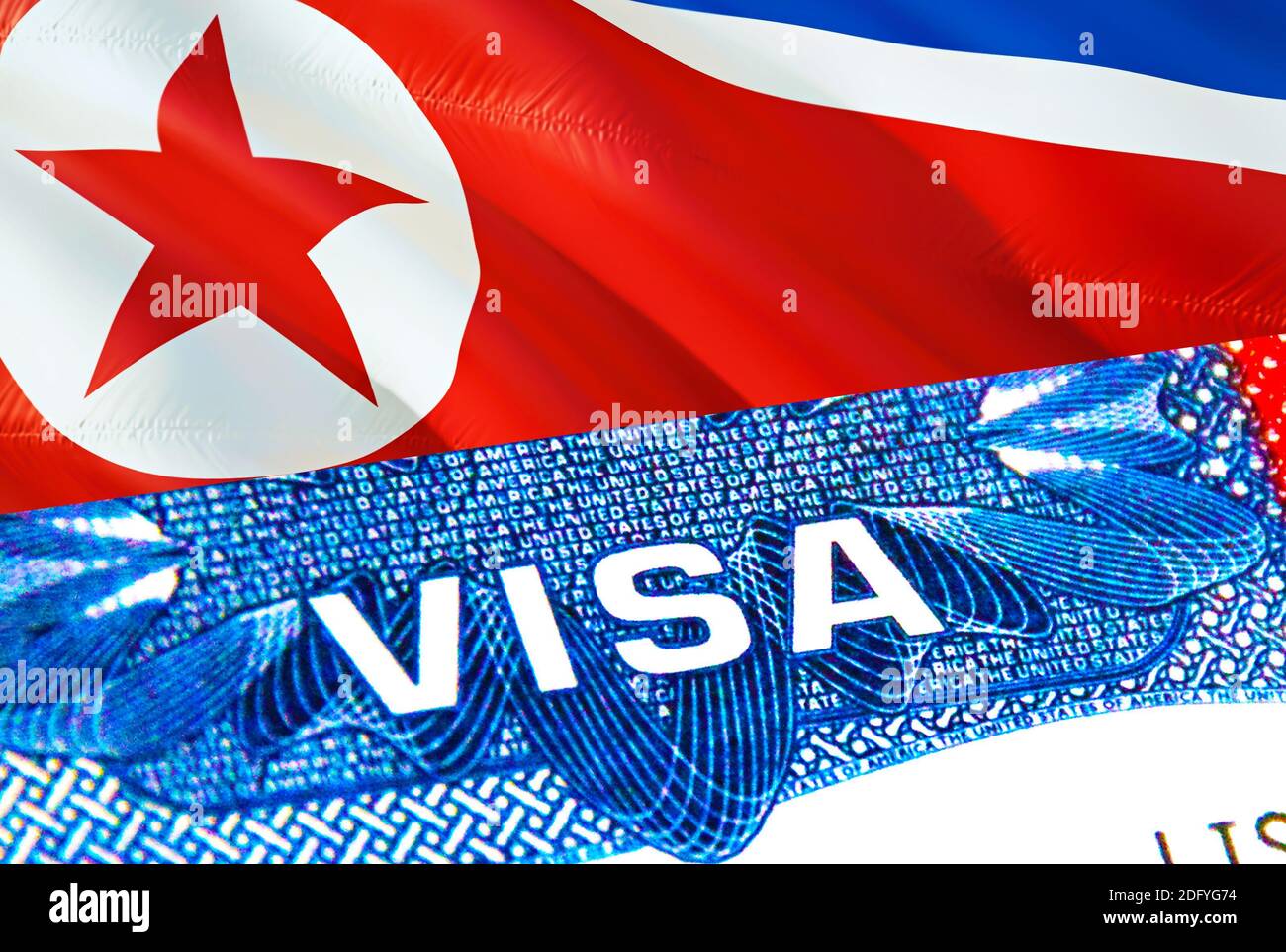 Visa de Corée du Nord. Voyage en Corée du Nord en se concentrant sur le mot  VISA, le rendu 3D. La Corée du Nord immigre concept avec visa dans  passeport. Le tourisme