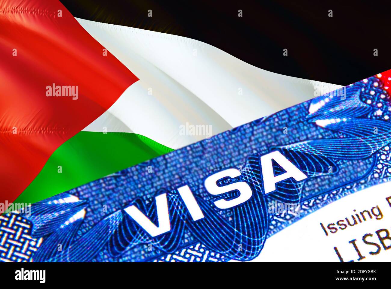 Palestine visa timbre en passeport avec texte VISA. Passeport voyager à  l'étranger concept. Concept Voyage en Palestine - foyer sélectif, rendu 3D.  Immigr Photo Stock - Alamy