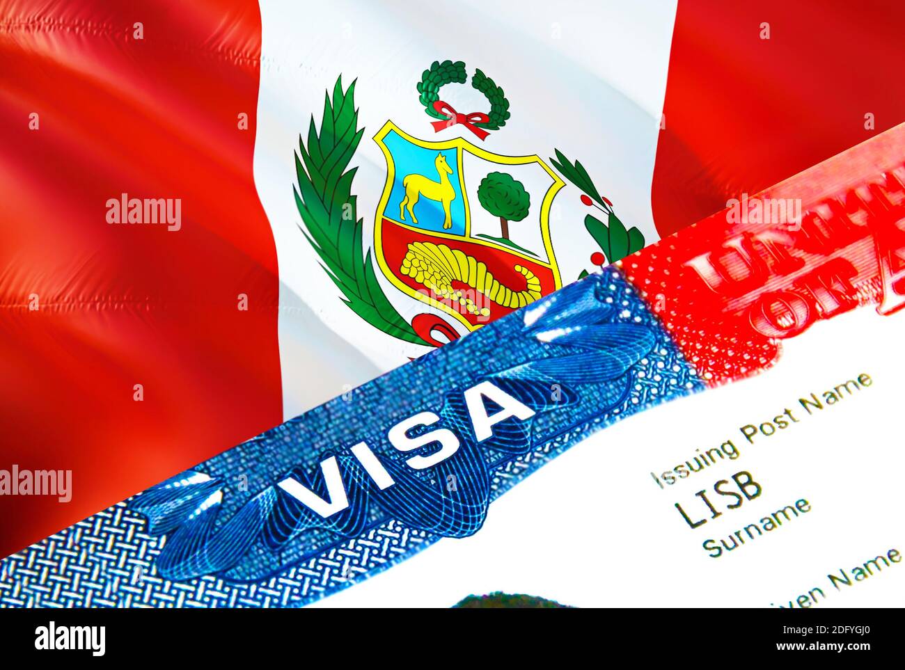 Pérou visa d'immigration. Gros plan Visa au Pérou se concentrant sur le mot  VISA, rendu 3D. Voyage ou migration vers le Pérou concept de destination  avec visa en passeport Photo Stock -