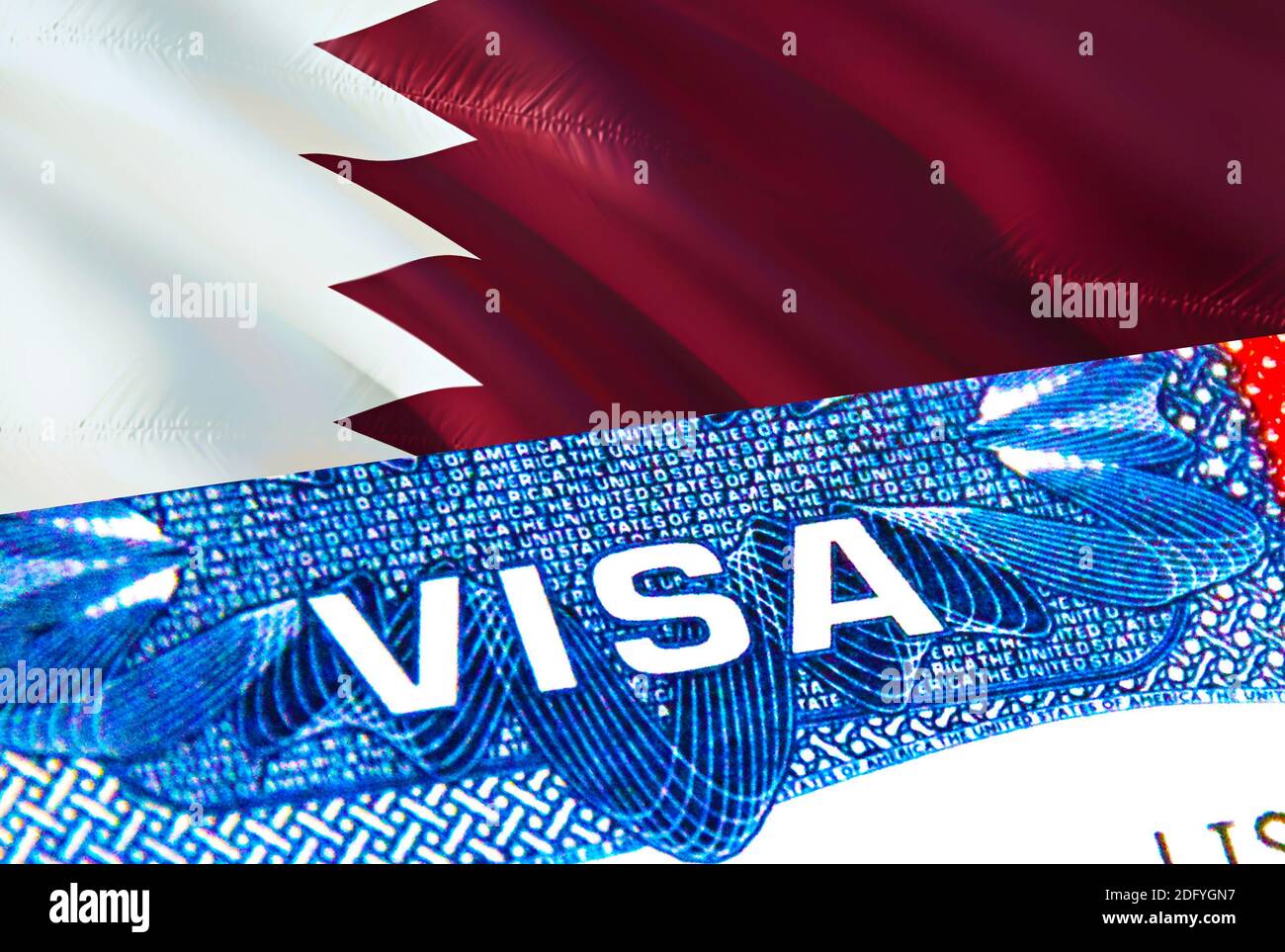 Visa Qatar. Voyage au Qatar en se concentrant sur le mot VISA, le rendu 3D.  Qatar immigre concept avec visa dans passeport. Entrée touristique Qatar  dans passeport. VI Photo Stock - Alamy