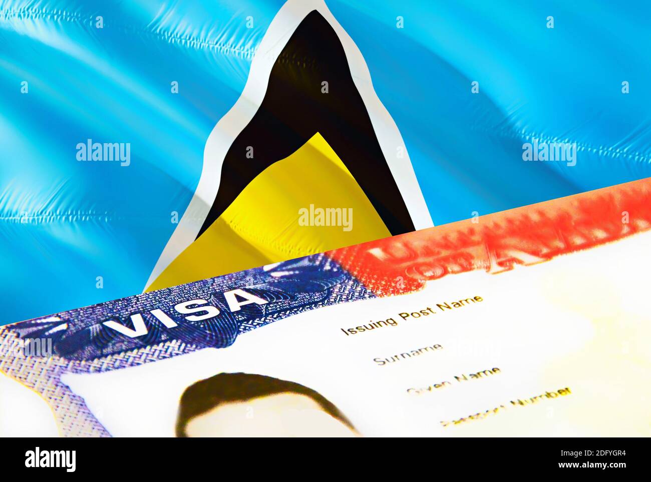 Gros plan sur le document d'immigration de SainteLucie. Passeport visa