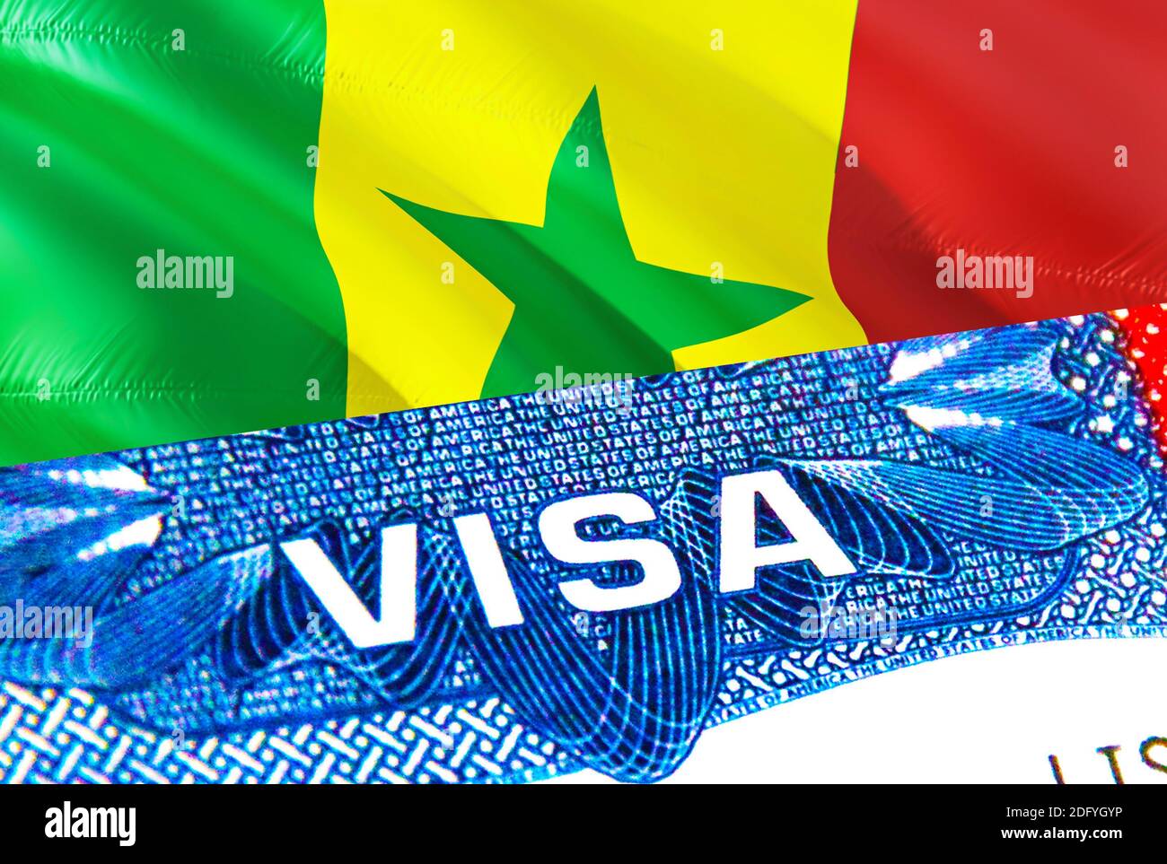 Visa Sénégal. Voyage au Sénégal en se concentrant sur le mot VISA, le rendu  3D. Sénégal immigre concept avec visa en passeport. Entrée touristique du  Sénégal dans le pass Photo Stock -