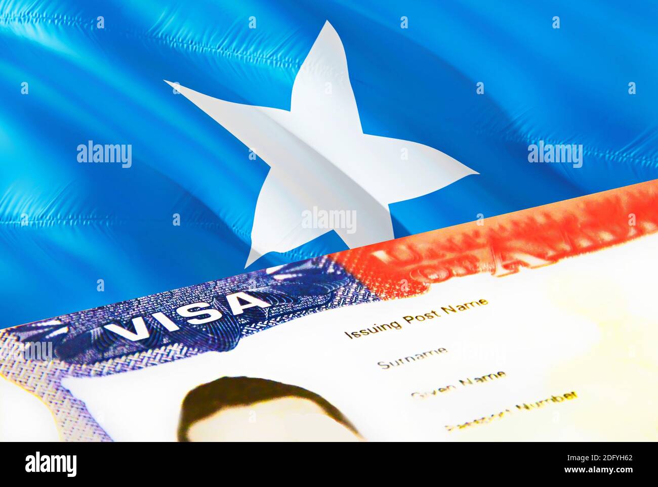 Gros plan sur le document sur l'immigration en Somalie. Passeport visa sur  le drapeau de la Somalie. Somalie visa de visiteur dans passeport, rendu  3D. Somalie visa multi-entrée en pa Photo Stock -