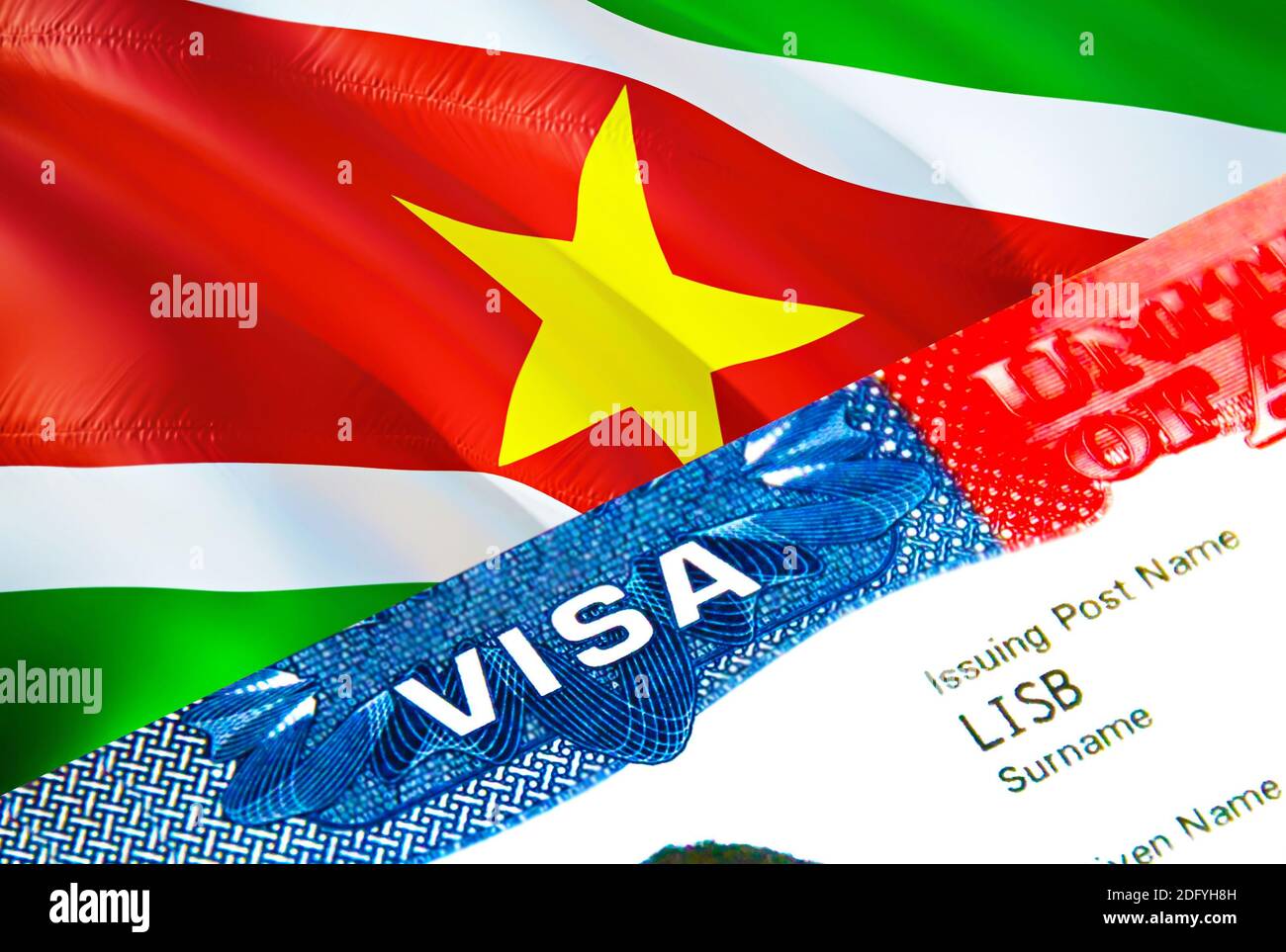 Visa d'immigration du Suriname. Gros plan Visa au Suriname en mettant  l'accent sur le mot VISA, le rendu 3D. Voyage ou migration vers le Suriname  destination concept avec visa Photo Stock -