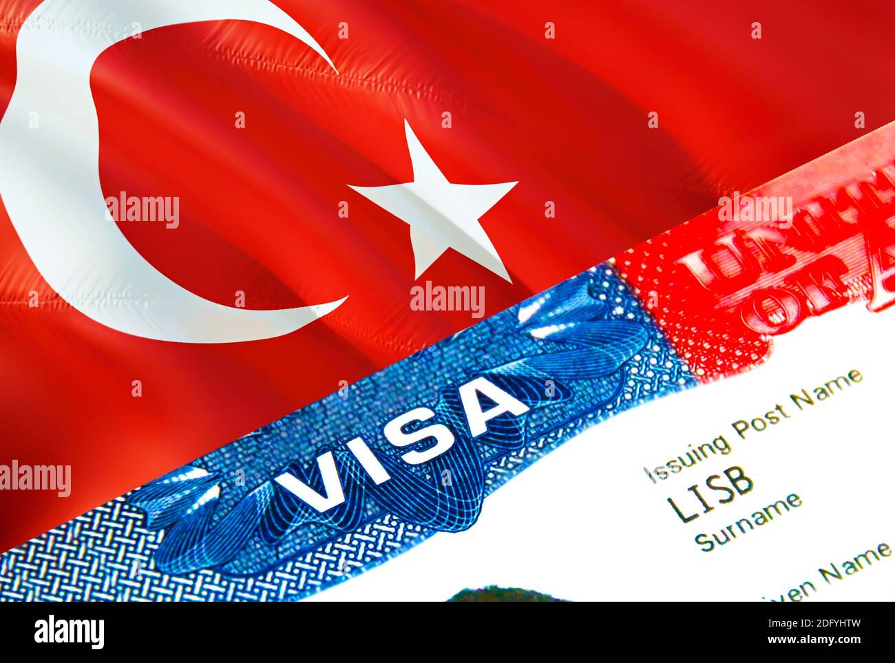 Turquie visa d'immigration. Gros plan Visa en Turquie se concentrant sur le  mot VISA, rendu 3D. Voyage ou migration vers la Turquie concept de  destination avec visa en pa Photo Stock -