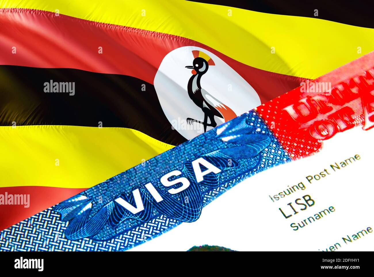 Visa d'immigration ougandais. Gros plan Visa en Ouganda se concentrant sur  le mot VISA, rendu 3D. Voyage ou migration vers l'Ouganda destination  concept avec visa en pa Photo Stock - Alamy