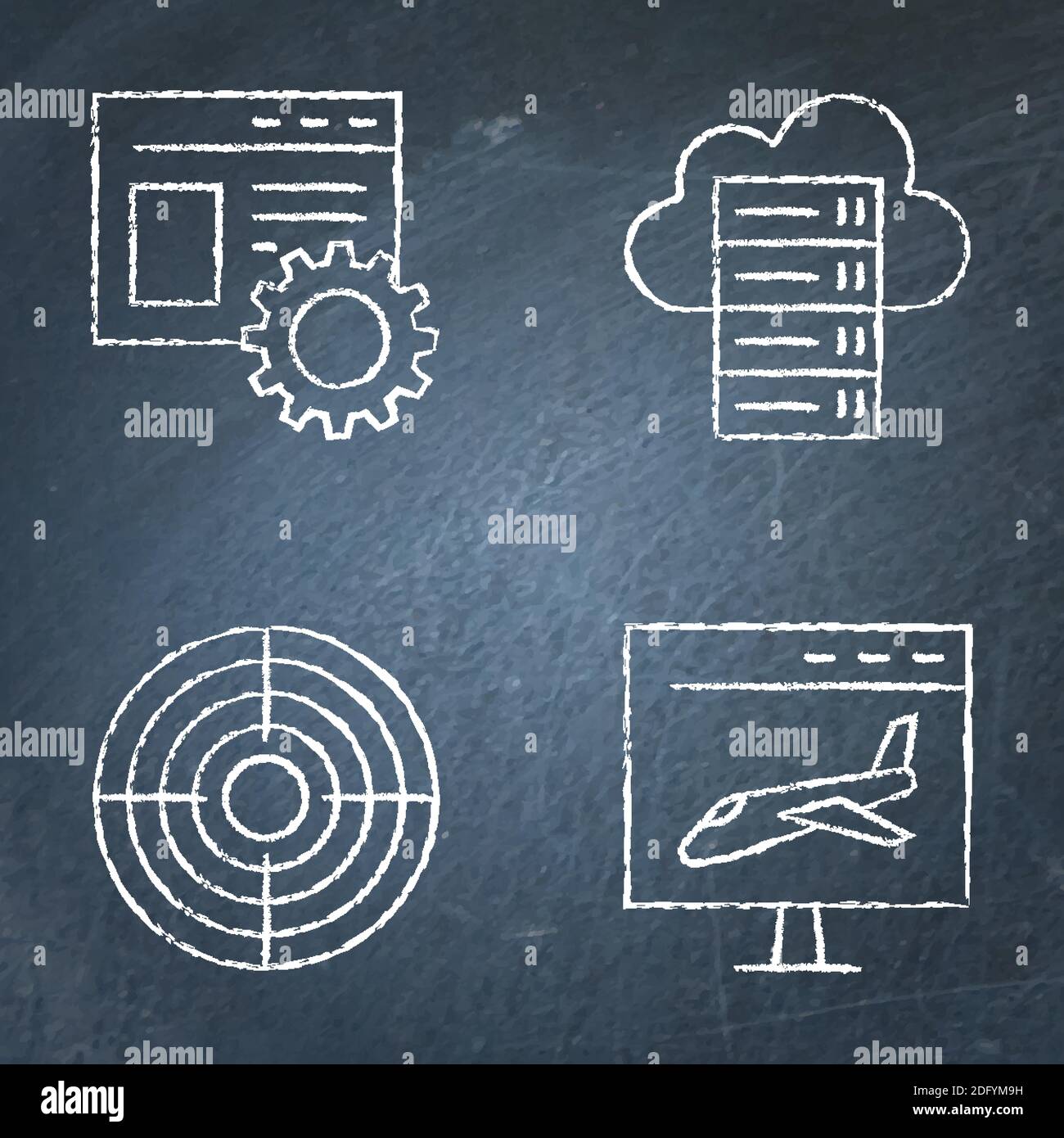 Tableau noir SEO Icon défini dans le style de ligne. Page d'arrivée, optimisation de site Web, hébergement de cloud et symboles cibles sur le tableau noir. Illustration vectorielle. Illustration de Vecteur