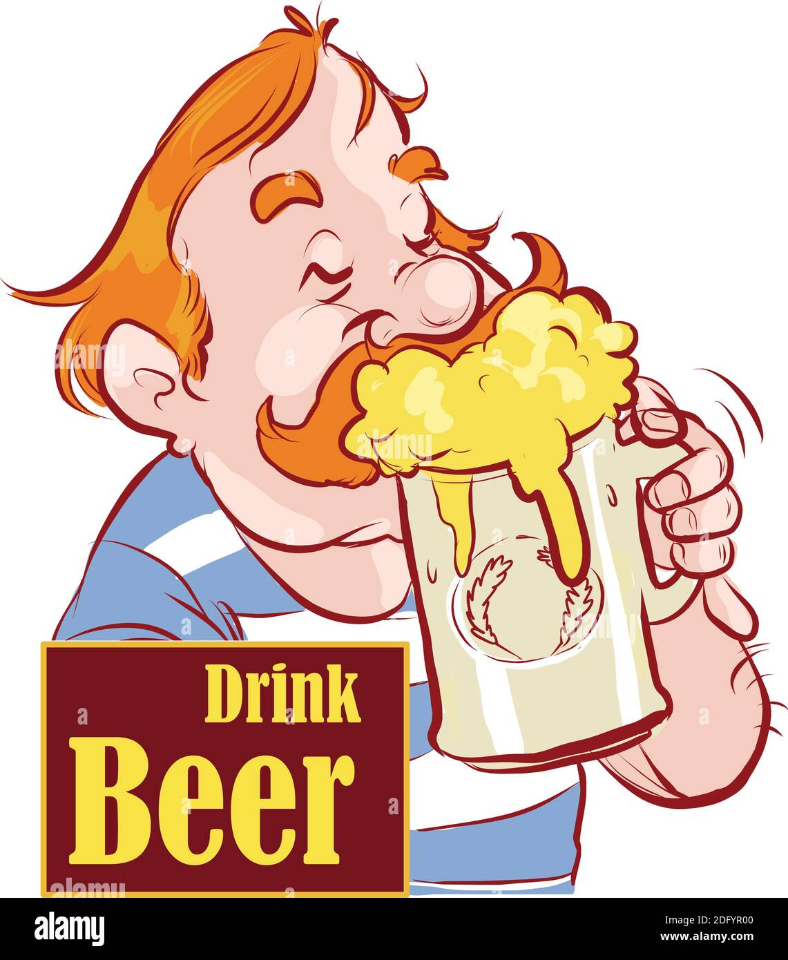Le personnage Happy man boit de la bière avec du papier grand ouvert à la bouche illustration Illustration de Vecteur
